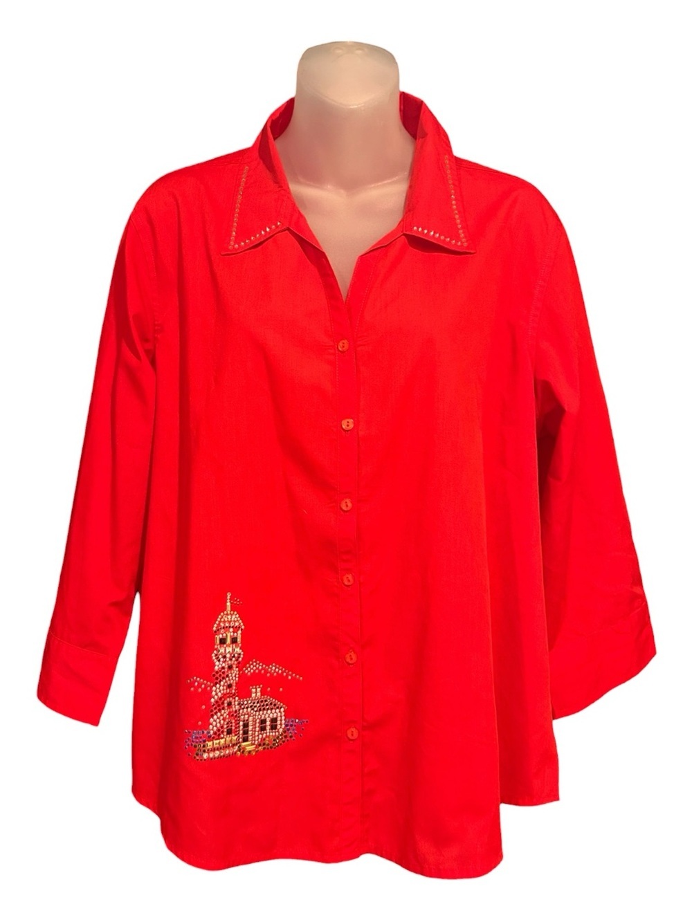 Vintage Red Lighthouse Embellished Collar Button-Front Women's Shirt Size L
